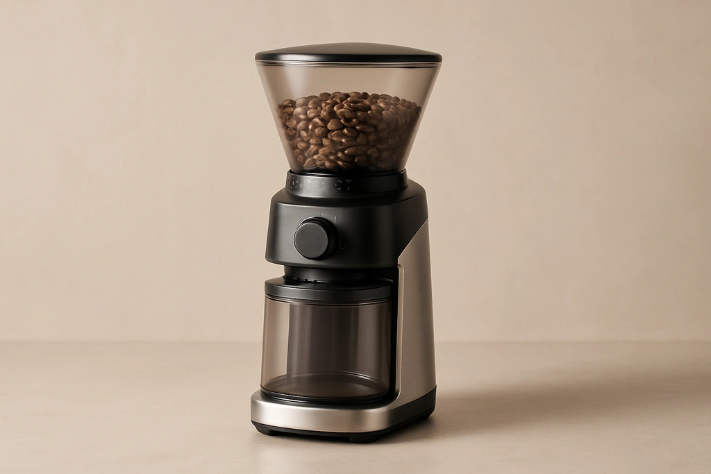 Realistic photograph of a countertop conical burr coffee grinder with a bean hopper on a kitchen counter