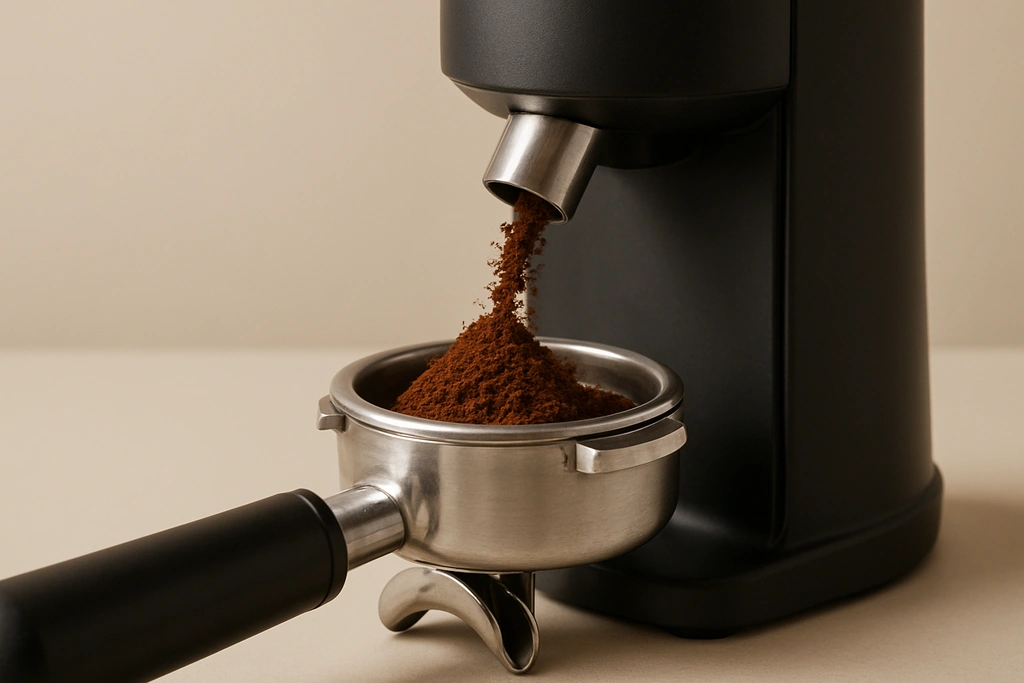 Realistic close-up photograph of freshly ground espresso coffee grounds being dosed into a portafilter basket