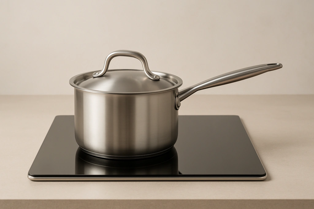 Realistic photograph of a stainless steel saucepan sitting on a black induction cooktop in a modern kitchen