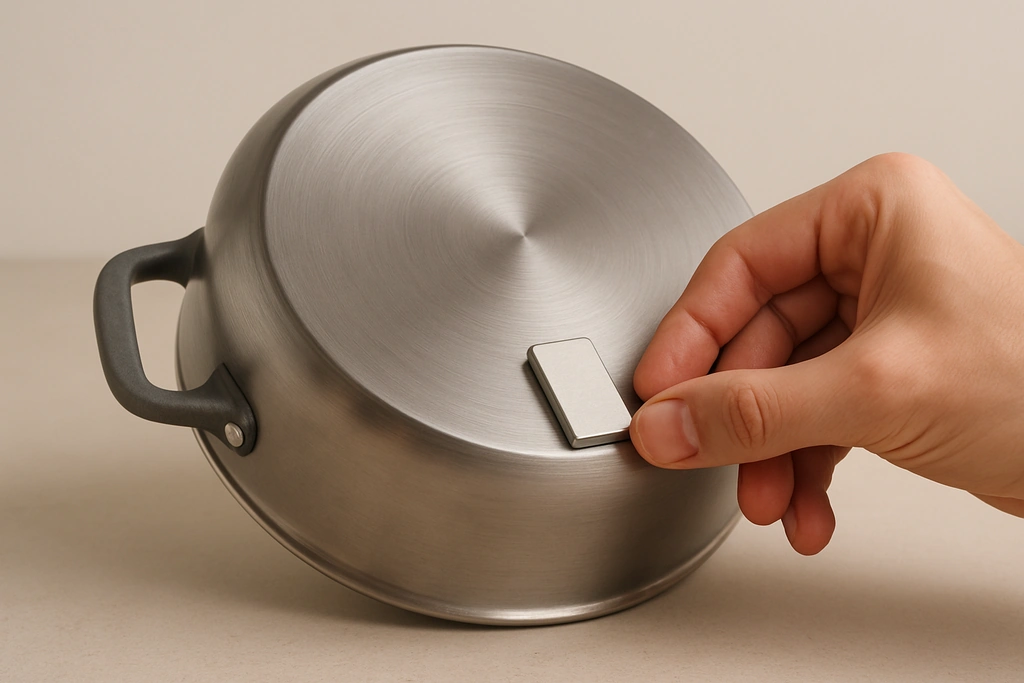 Realistic close-up photograph of a small magnet being held against the flat base of a cooking pot to test induction compatibility