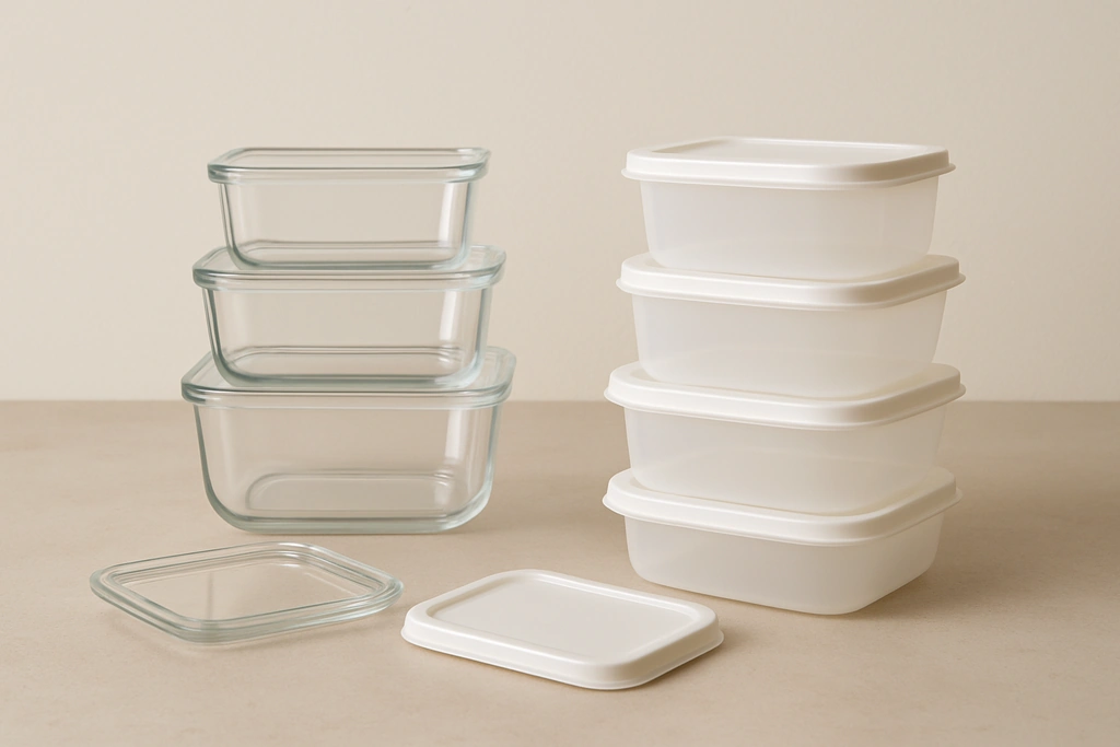 Realistic photograph comparing stacked glass and plastic food storage containers with lids on a kitchen counter