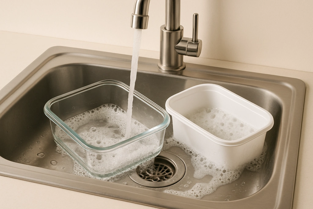 Realistic photograph of glass and plastic food storage containers being washed in a kitchen sink
