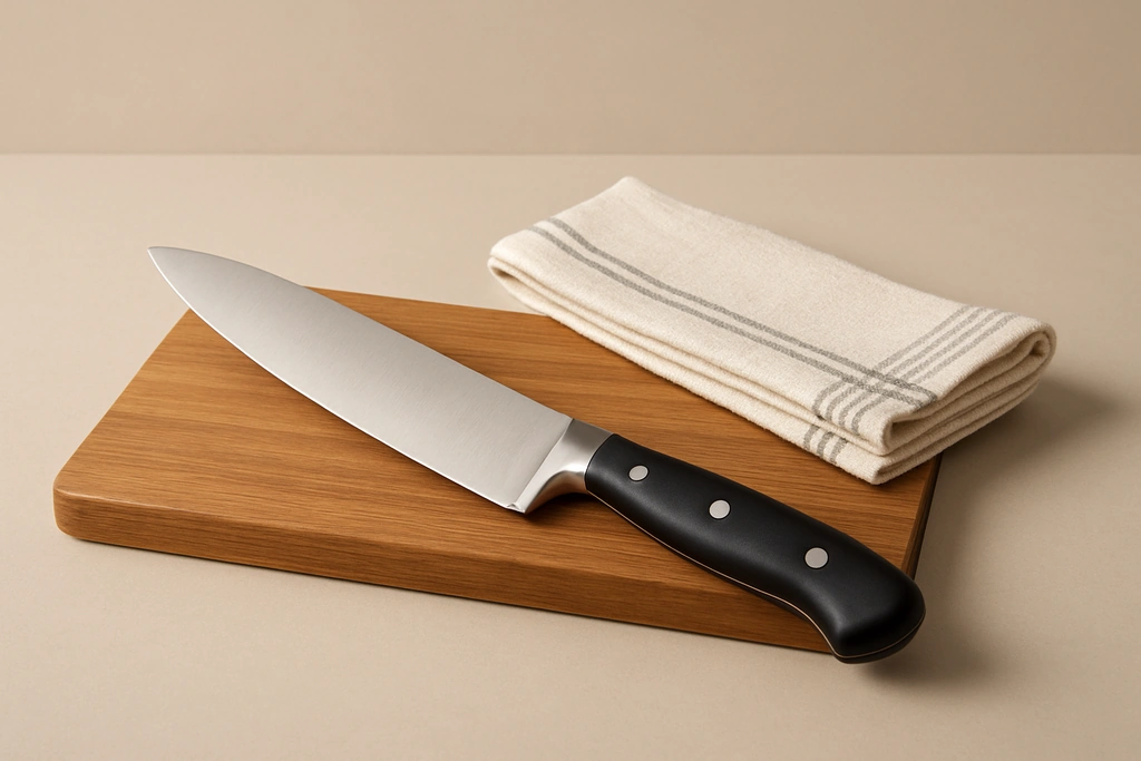 Realistic photograph of a chef's knife resting on a wooden cutting board with a folded kitchen towel