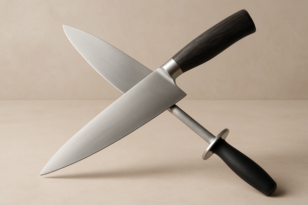 Realistic close-up photograph of a chef's knife blade being drawn across a honing rod at an angle