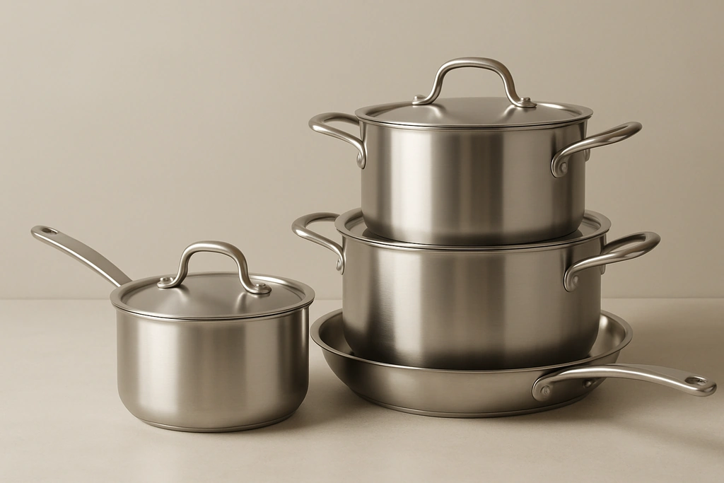 Realistic photograph of a stacked stainless steel cookware set with lids, a saucepan, a stockpot, and a skillet on a kitchen counter