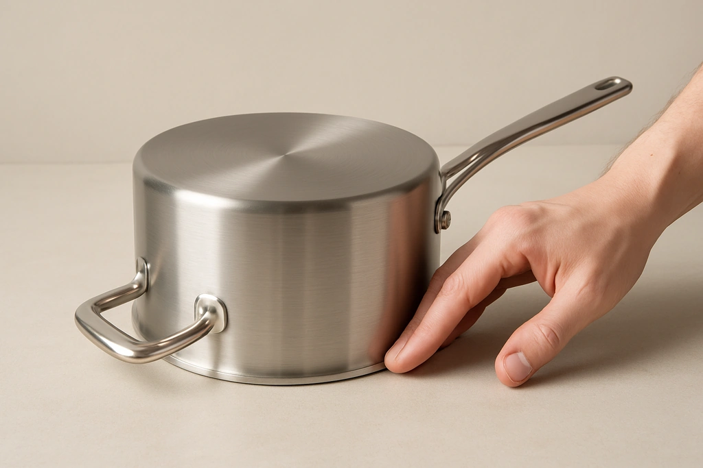 Realistic close-up photograph of a hand checking the flat base and riveted handle of a stainless steel cooking pot
