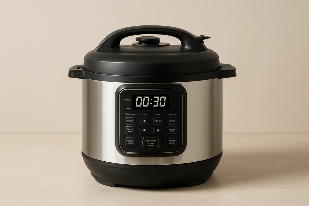 Realistic photograph of a countertop electric pressure cooker with a digital display on a kitchen counter