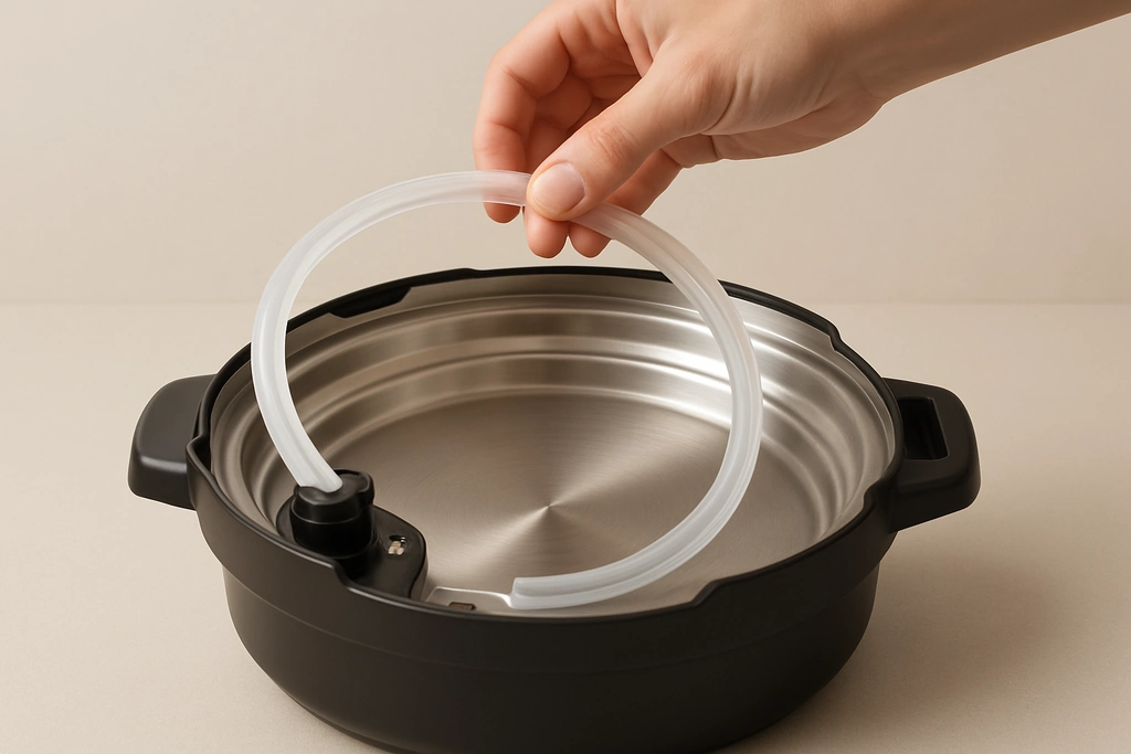 Realistic close-up photograph of a rubber sealing ring being removed from an electric pressure cooker lid for cleaning
