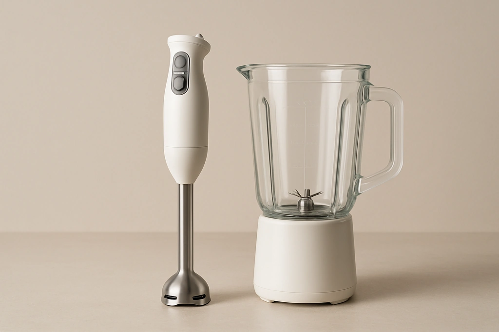Realistic photograph of a handheld immersion blender resting beside a countertop blender jar on a kitchen counter