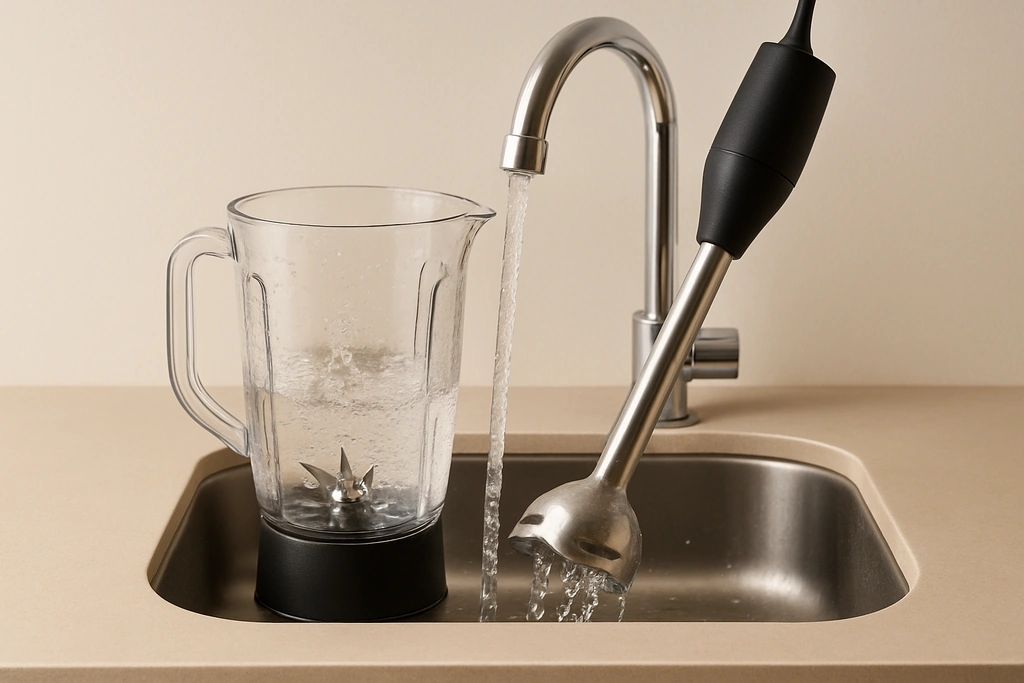 Realistic photograph of a blender jar and immersion blender attachment being rinsed at a kitchen sink