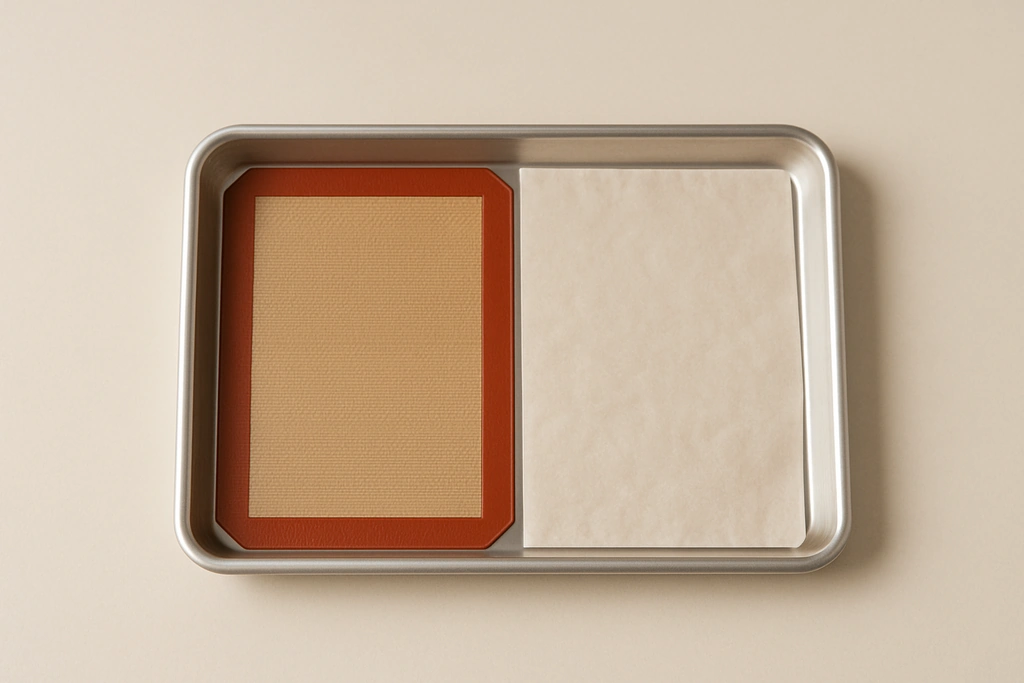Realistic photograph comparing a silicone baking mat and a sheet of parchment paper on a baking sheet