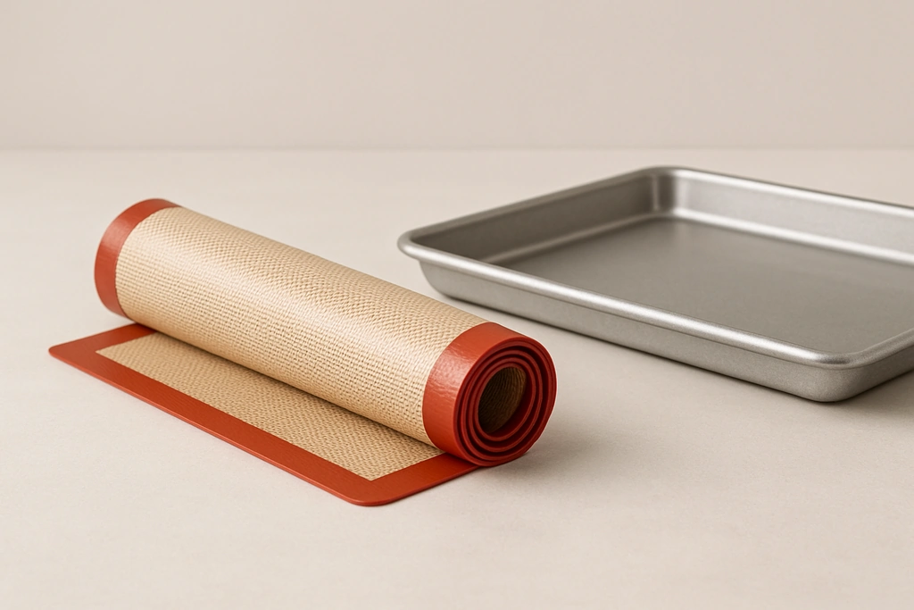 Realistic photograph of a silicone baking mat being rolled up for storage next to a baking sheet