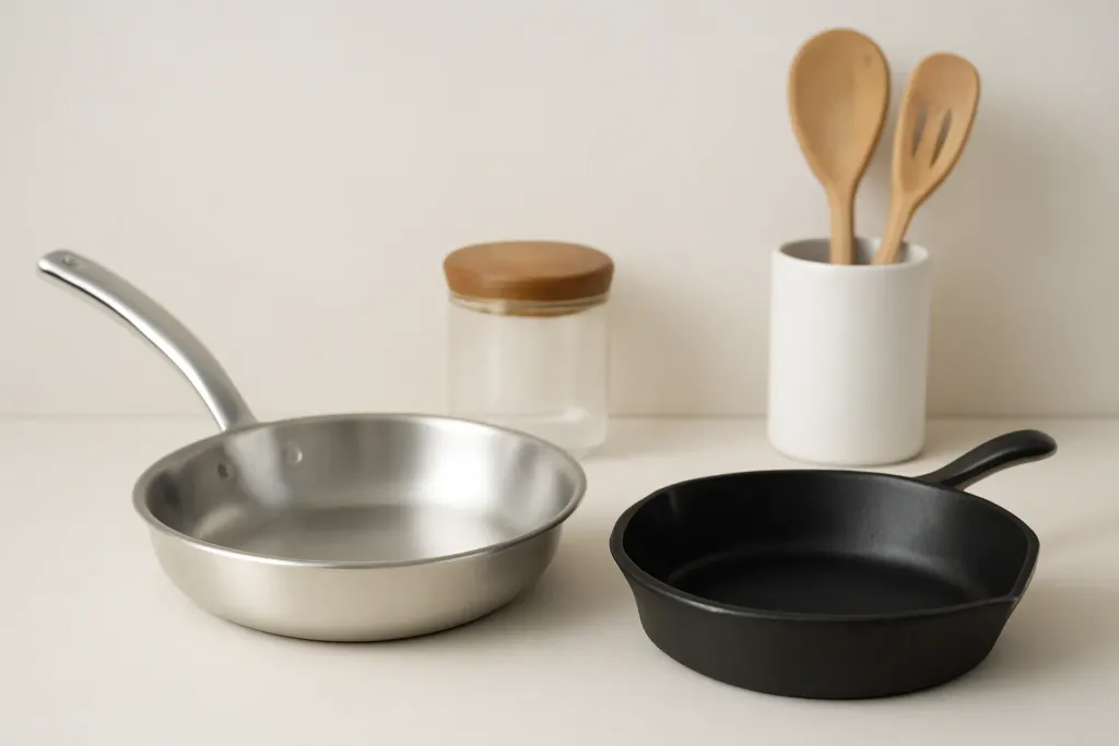 Photo illustrating stainless steel vs cast iron cookware