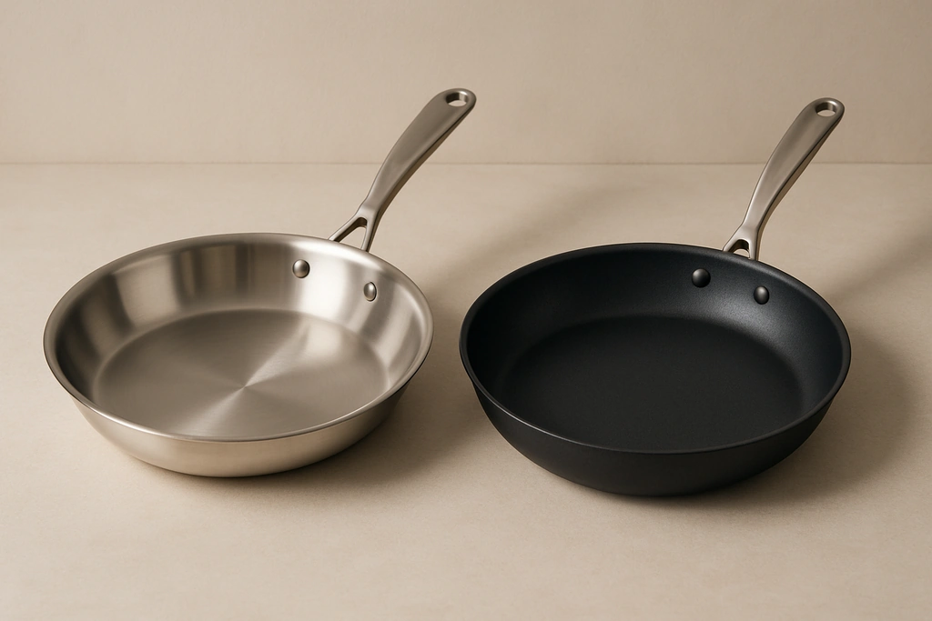 Realistic photograph comparing a polished stainless steel skillet and a dark nonstick frying pan side by side on a kitchen counter