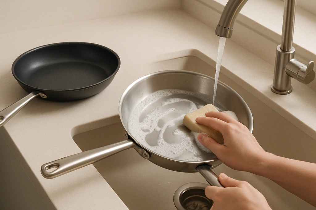 Realistic photograph of a nonstick frying pan and a stainless steel pan being hand-washed at a kitchen sink