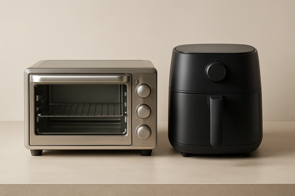 Realistic photograph of a countertop toaster oven and a basket-style air fryer placed side by side on a kitchen counter