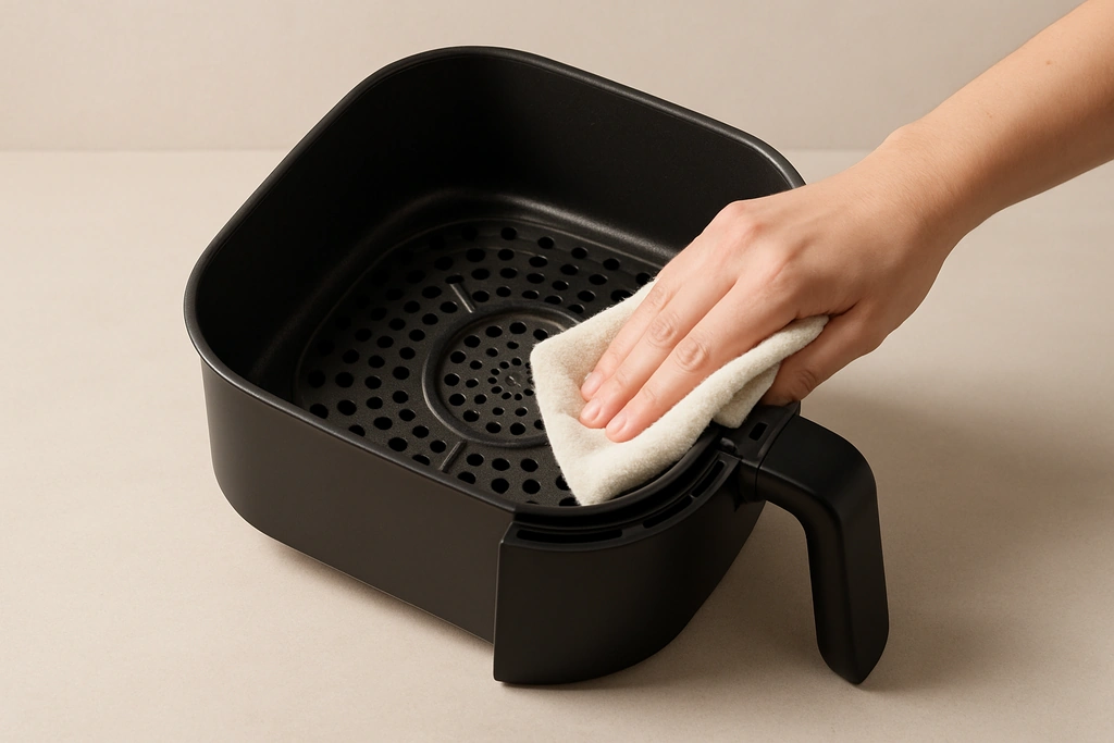 Realistic photograph of an air fryer basket being wiped clean with a cloth on a kitchen counter