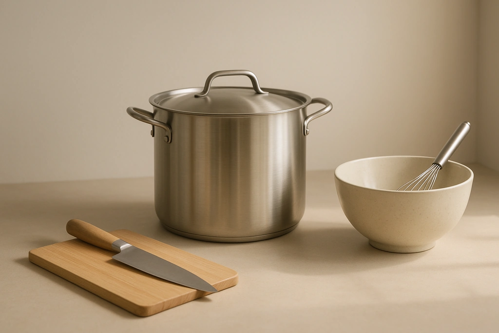 Realistic editorial photograph of a warm kitchen counter with a stockpot, chef's knife on a wooden board, and a mixing bowl with a whisk