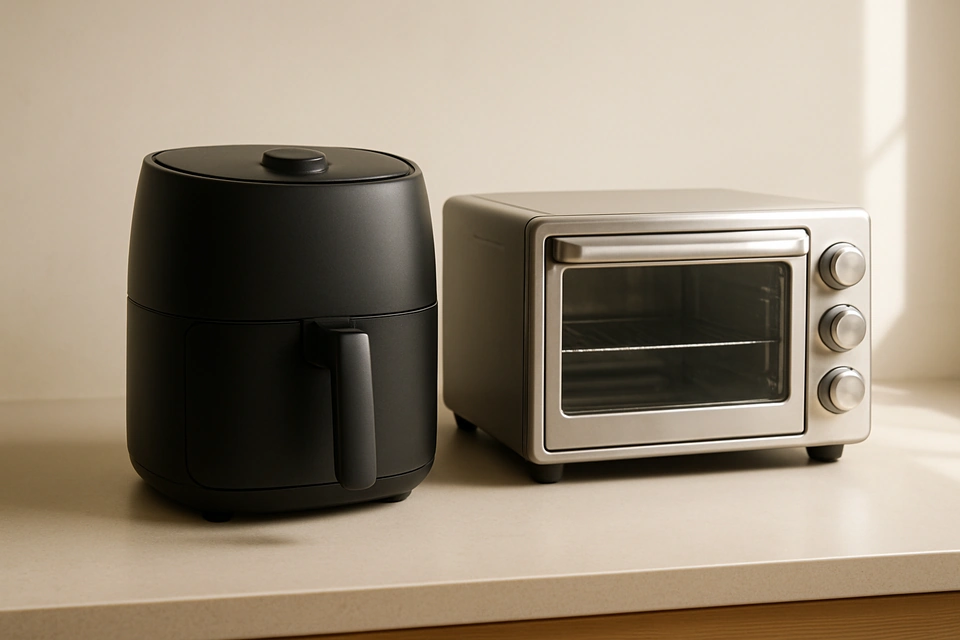 Realistic photograph of a countertop basket-style air fryer beside a toaster oven on a kitchen counter