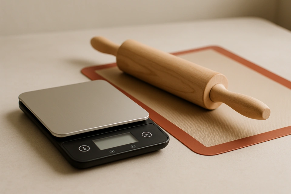 Realistic photograph of a digital kitchen scale, a rolling pin, and a silicone baking mat on a kitchen counter