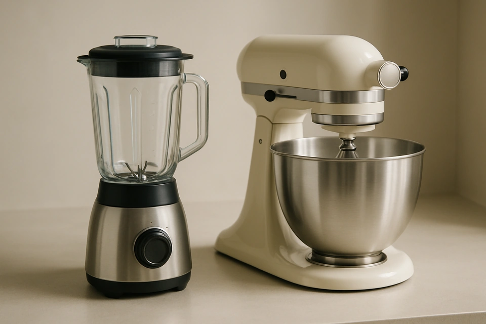 Realistic photograph of a countertop blender jar and a stand mixer with a mixing bowl on a kitchen counter
