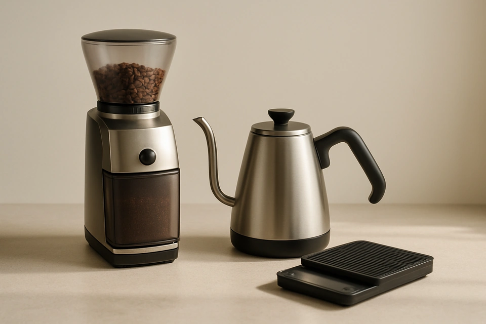 Realistic photograph of a conical burr coffee grinder, a gooseneck kettle, and a small coffee scale on a kitchen counter