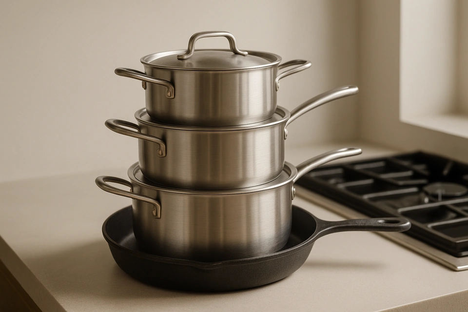 Realistic photograph of stacked stainless steel pots and pans with lids and a cast iron skillet on a kitchen counter