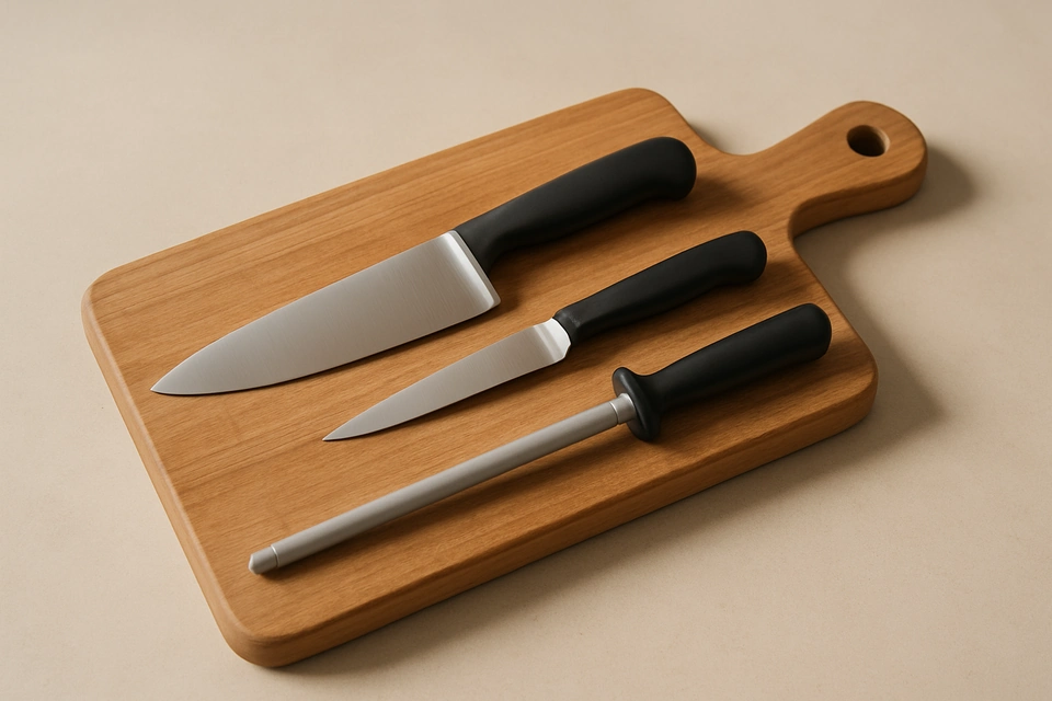 Realistic photograph of a chef's knife and a paring knife resting on a wooden cutting board with a honing rod