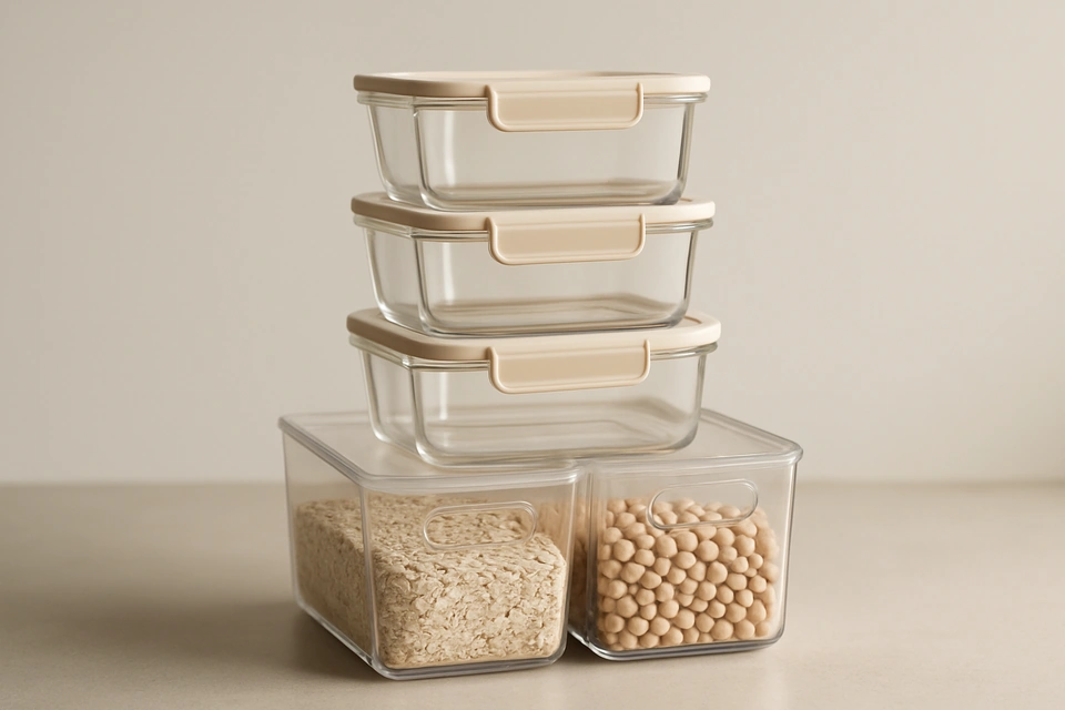 Realistic photograph of stacked glass meal-prep containers and pantry organizer bins on a kitchen counter