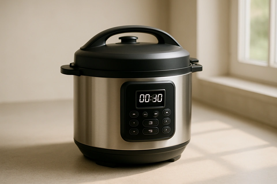 Realistic photograph of a countertop electric multicooker with a digital display on a kitchen counter