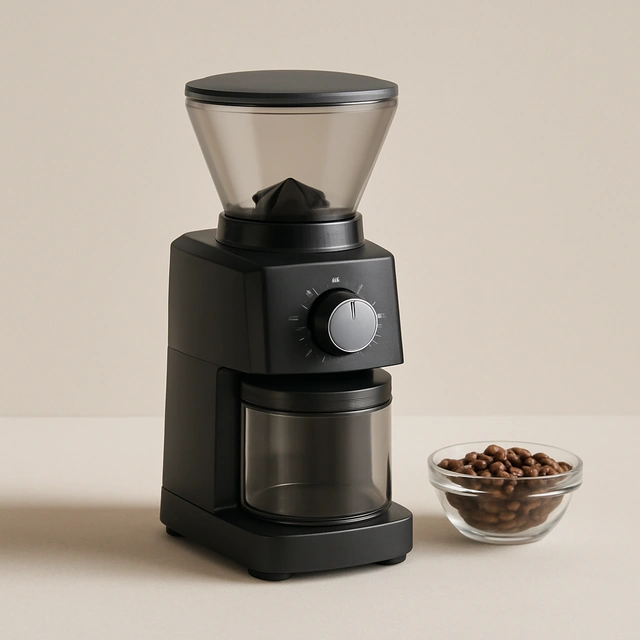 Realistic editorial product photograph (not the exact linked listing) of conical burr coffee grinder (sample listing)