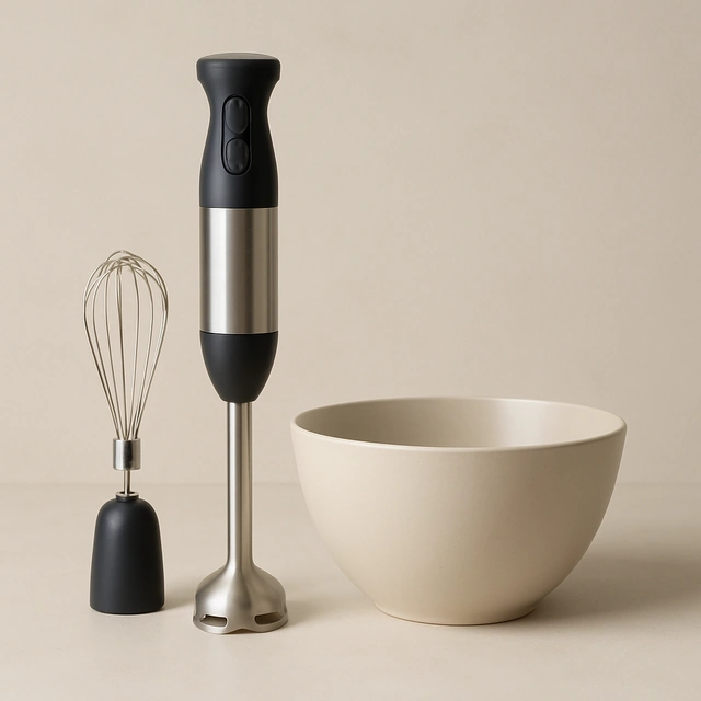 Realistic editorial product photograph (not the exact linked listing) of immersion blender with attachments (sample listing)