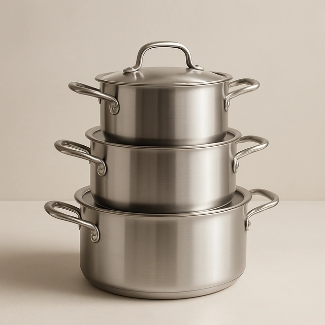 Realistic editorial product photograph (not the exact linked listing) of stainless steel cookware set (sample listing)